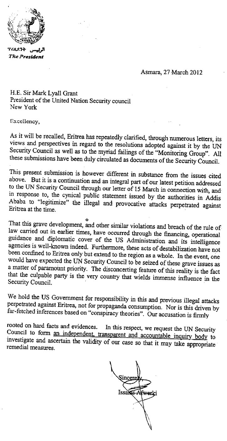 Eritrean President Issayas Afwerki letter to the UN Security Concil - Tigrai Online